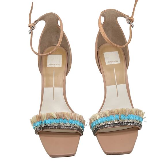 Dolce Vita Hyper Suede & Embellished Raffia High Heel Sandals Size 9 Tan Blue - Picture 2 of 9